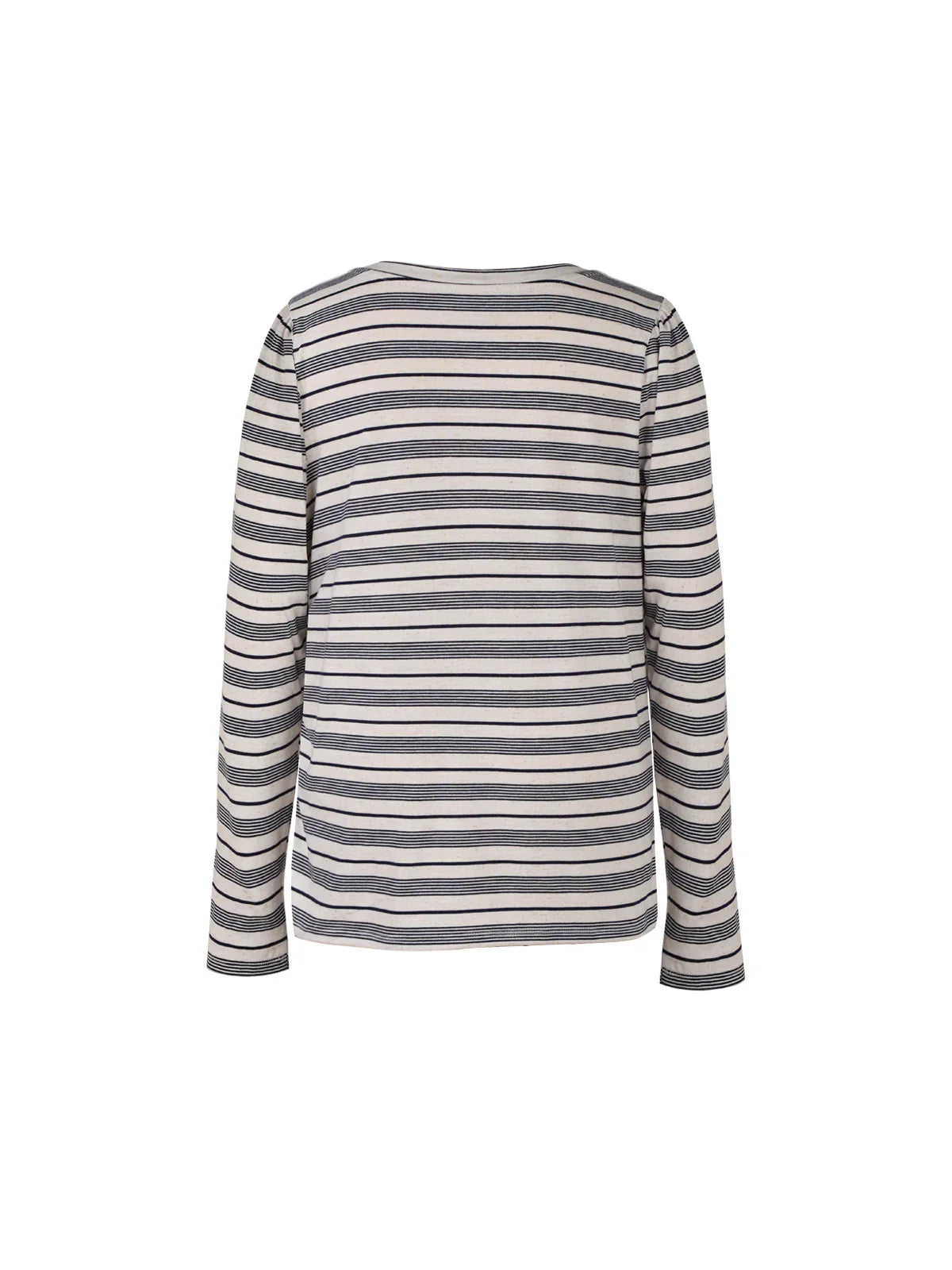 Women's long sleeve striped top, casual everyday style, navy and cream horizontal stripes, relaxed fit