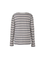 Women's long sleeve striped top, casual everyday style, navy and cream horizontal stripes, relaxed fit