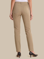 A person shown from the back wearing straight-leg beige pants, a white top, and black pointed-toe heels against a plain beige studio background.
