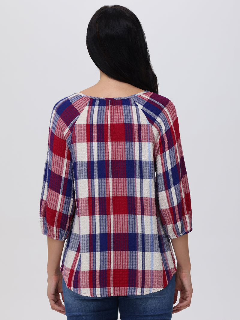 Plaid Tie Neck Blouse