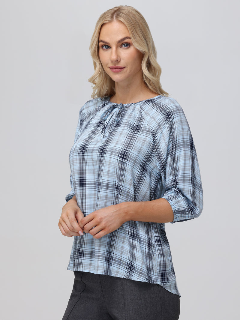 Plaid Tie-Neck Blouse