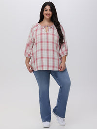 Plus Plaid Tie-Neck Blouse