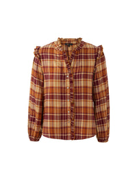 Ruffle Placket Button Down Check Shirt