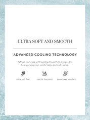 A promotional graphic for a sleep product, featuring a large white card with black text reading 'ULTRA SOFT AND SMOOTH' and 'ADVANCED COOLING TECHNOLOGY,' plus three small icons and labels for ultra soft feel, cool to the touch, and deep sleep comfort. The card is centered on a light blue textured background.
