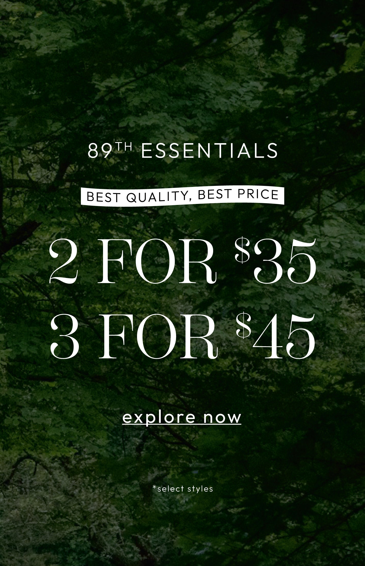 Promotional graphic with a dark forest background and large white text reading '89th Essentials', 'Best Quality, Best Price', '2 For $35', '3 For $45', and 'explore now'.