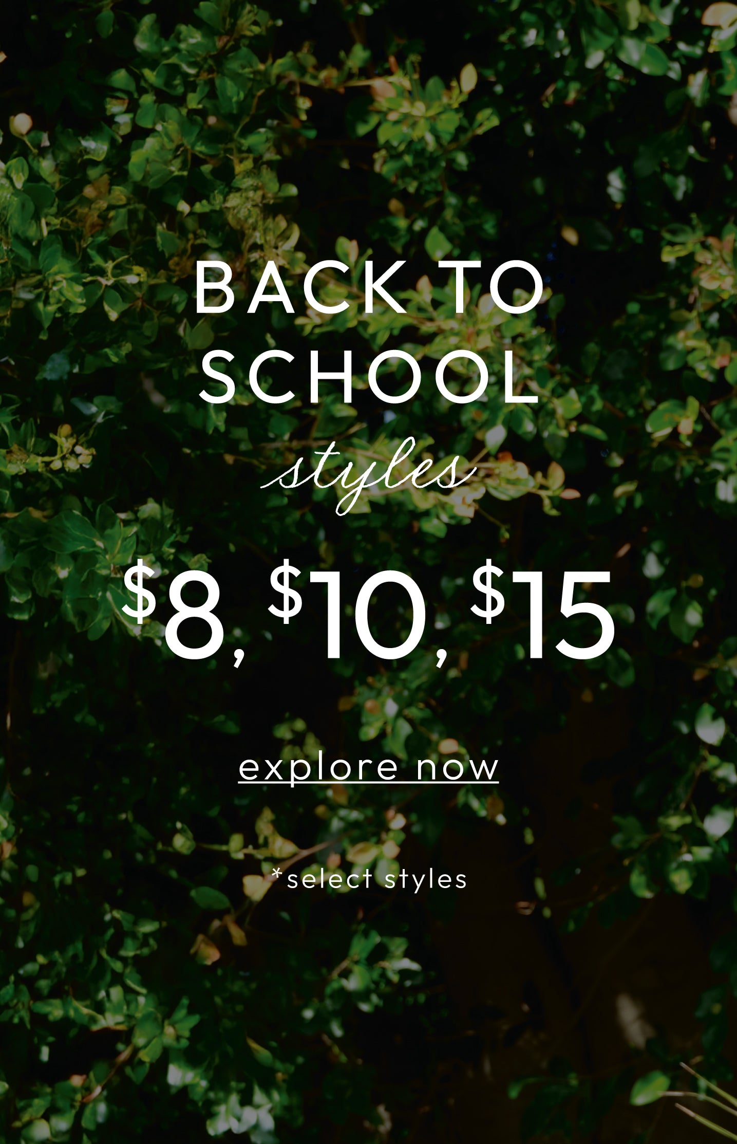 A promotional graphic with white text reading 'BACK TO SCHOOL styles $8, $10, $15 explore now' over a dark green leafy background. No physical product is shown.