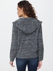 Person wearing a gray hooded jacket on a white background