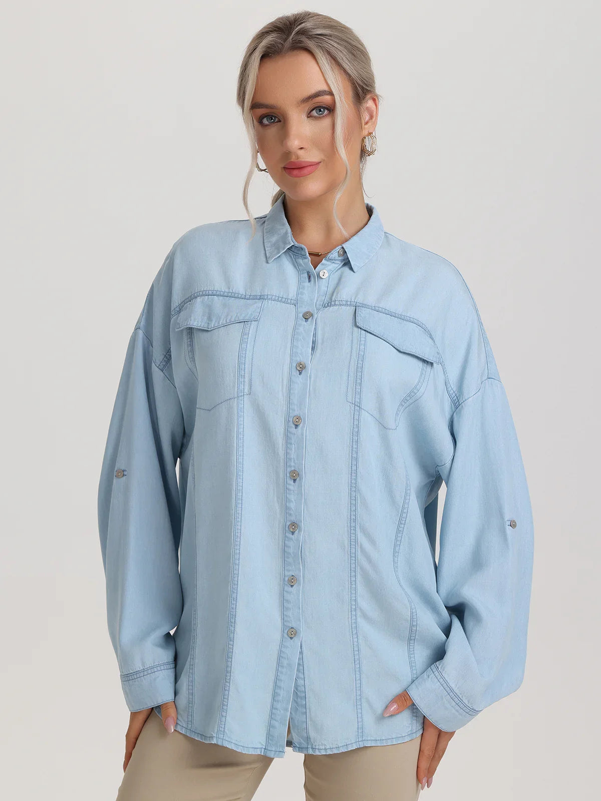 89th & Madison Button Down Denim Shirt Sky Blue Wash / L 89th & Madison Button Down Denim Shirt Sky Blue Wash / L