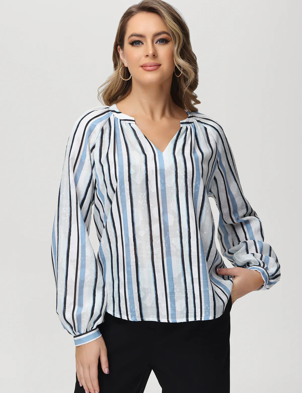 Plus Stripe Notch Neck Blouse