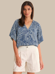 Button Front Leaf Print Blouse