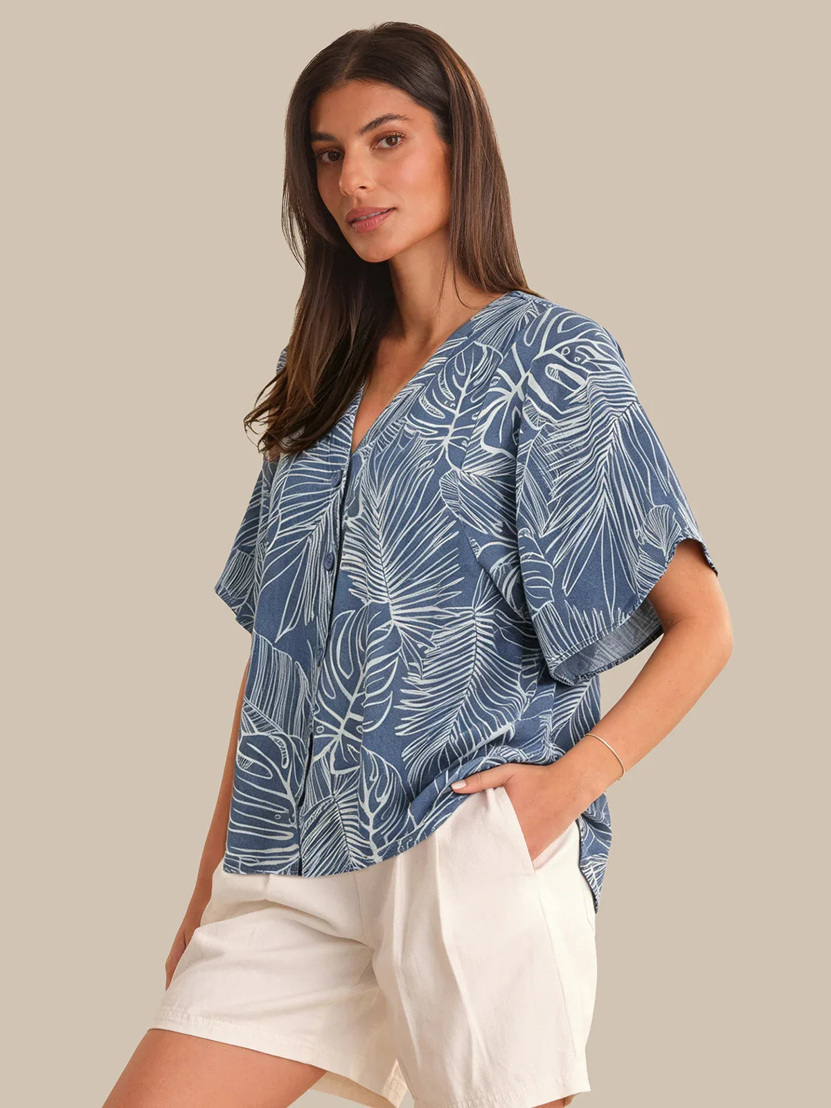 Button Front Leaf Print Blouse