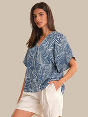 Button Front Leaf Print Blouse