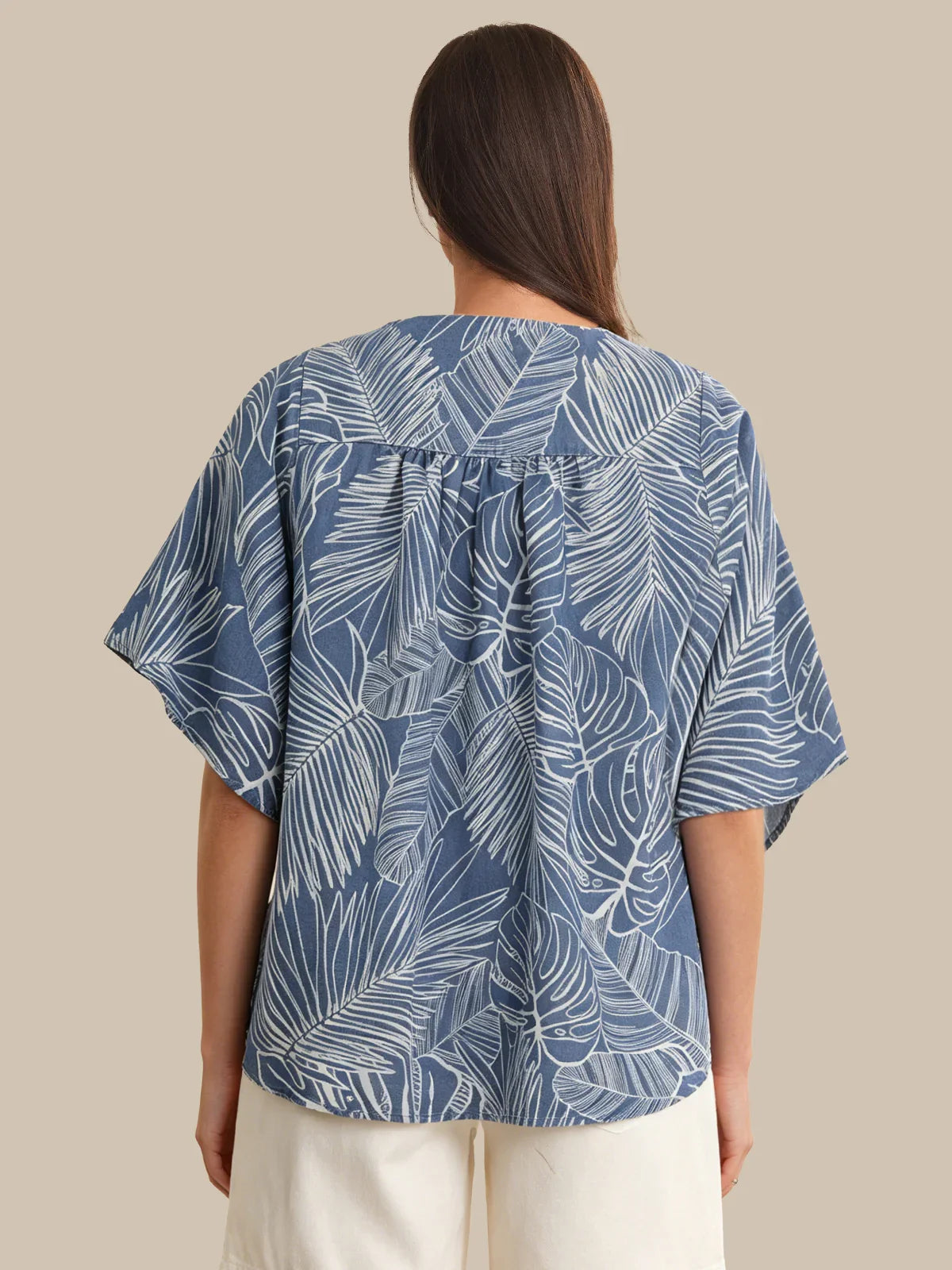 Button Front Leaf Print Blouse