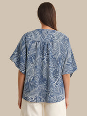 Button Front Leaf Print Blouse