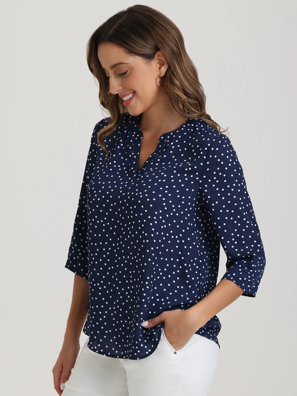 Dot Print Notch Neck Blouse