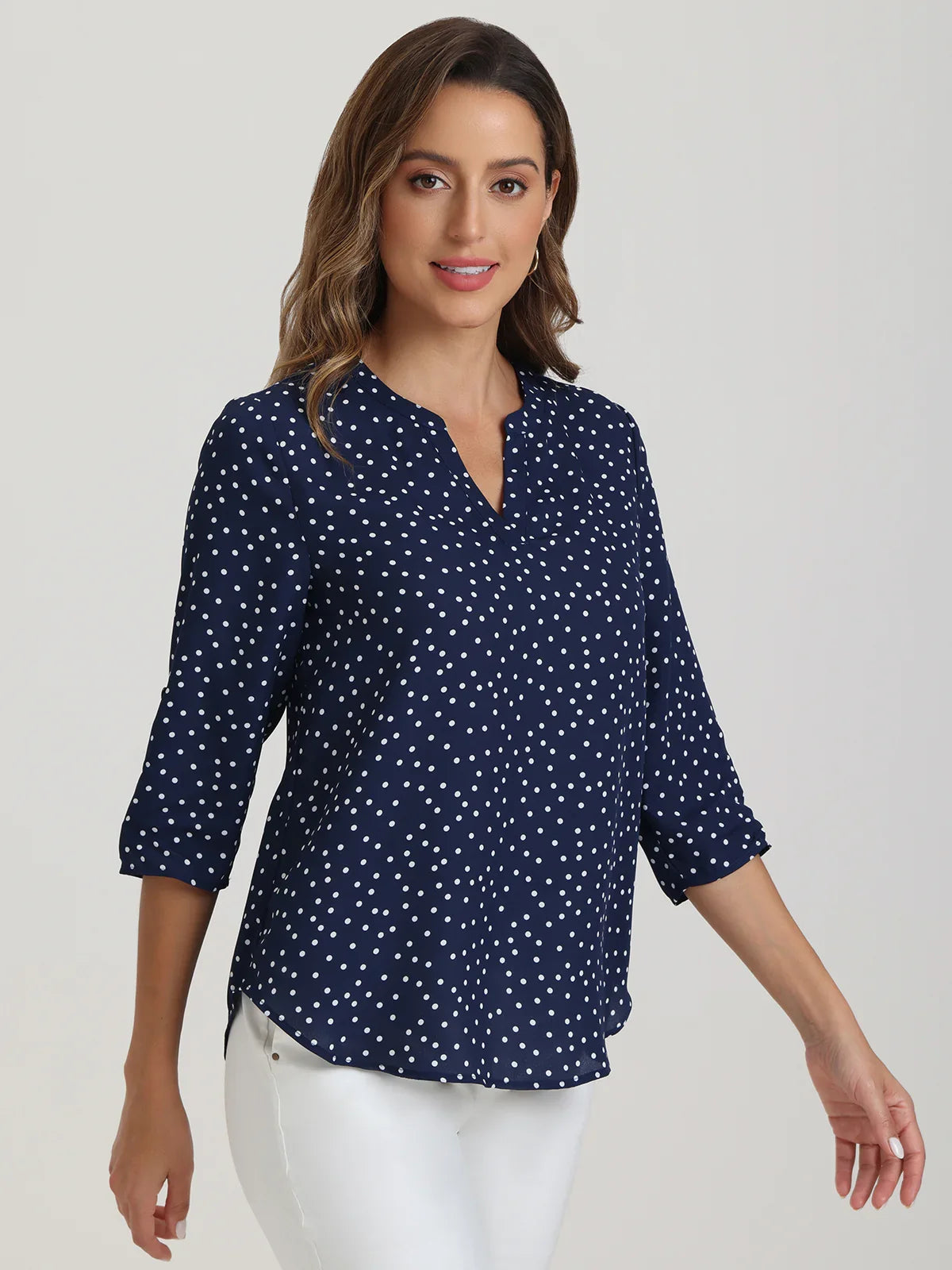 Dot Print Notch Neck Blouse