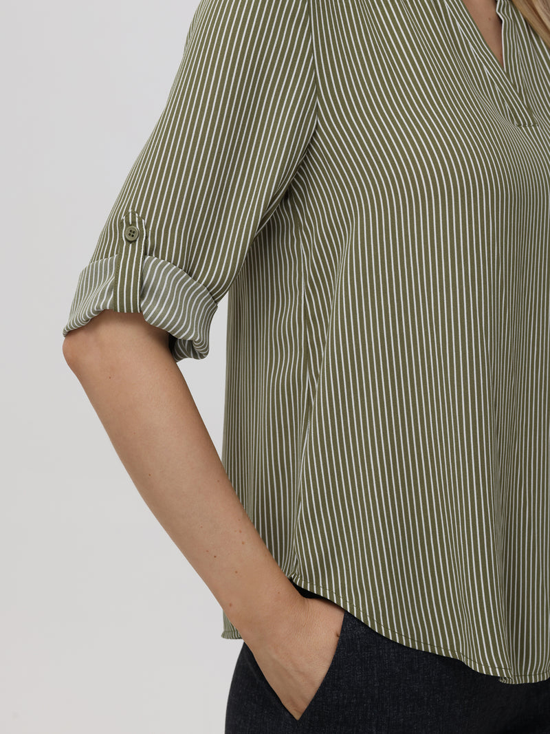 Stripe 3/4 Sleeve Popover Blouse