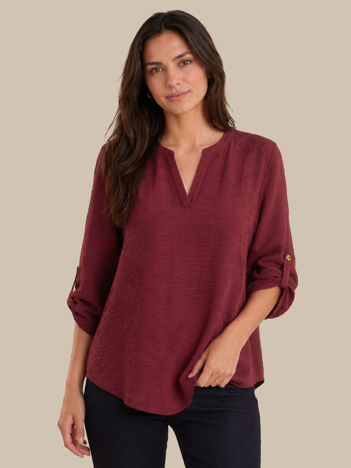 Embroidered Split Neck Popover Blouse