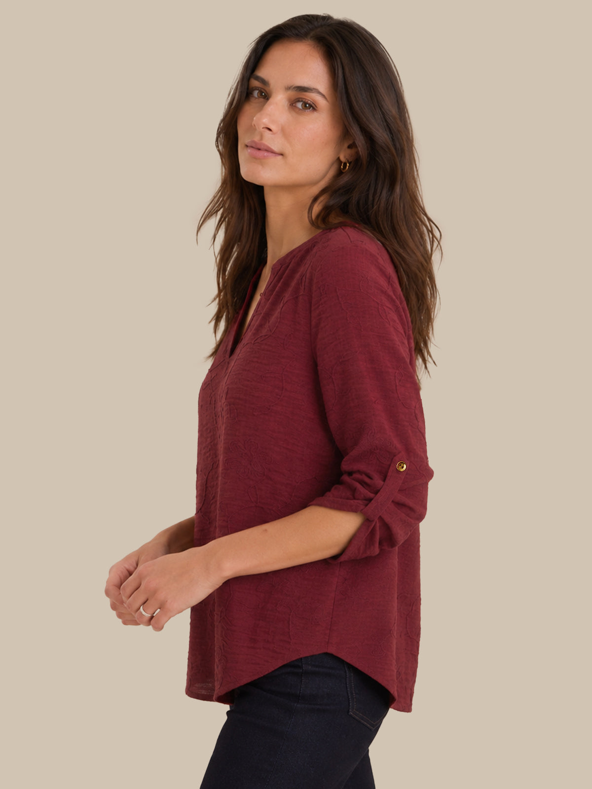 Embroidered Split Neck Popover Blouse