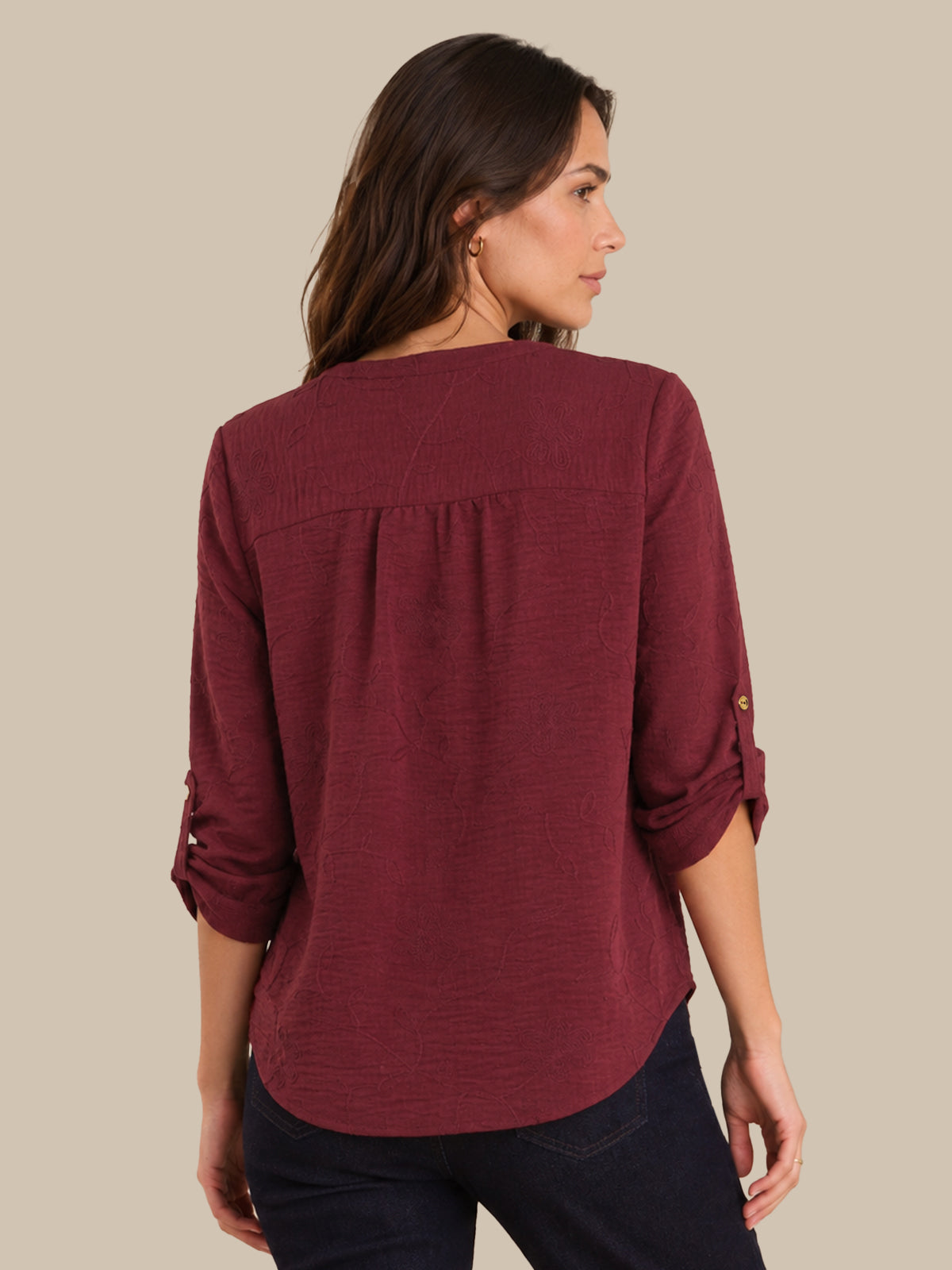 Embroidered Split Neck Popover Blouse