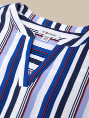 Close-up of a striped shirt with 'Madison' label on a beige background