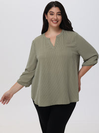 Plus Stripe 3/4 Sleeve Popover Blouse