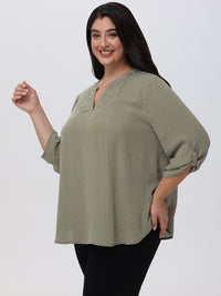 Plus Stripe 3/4 Sleeve Popover Blouse