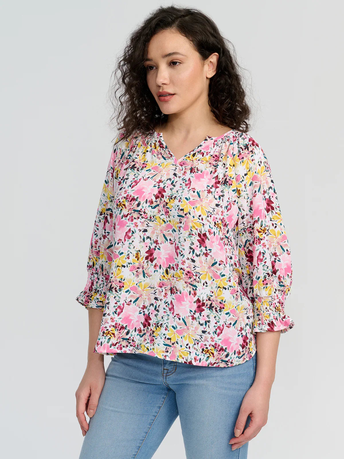 Print Smocked Cuff Blouse
