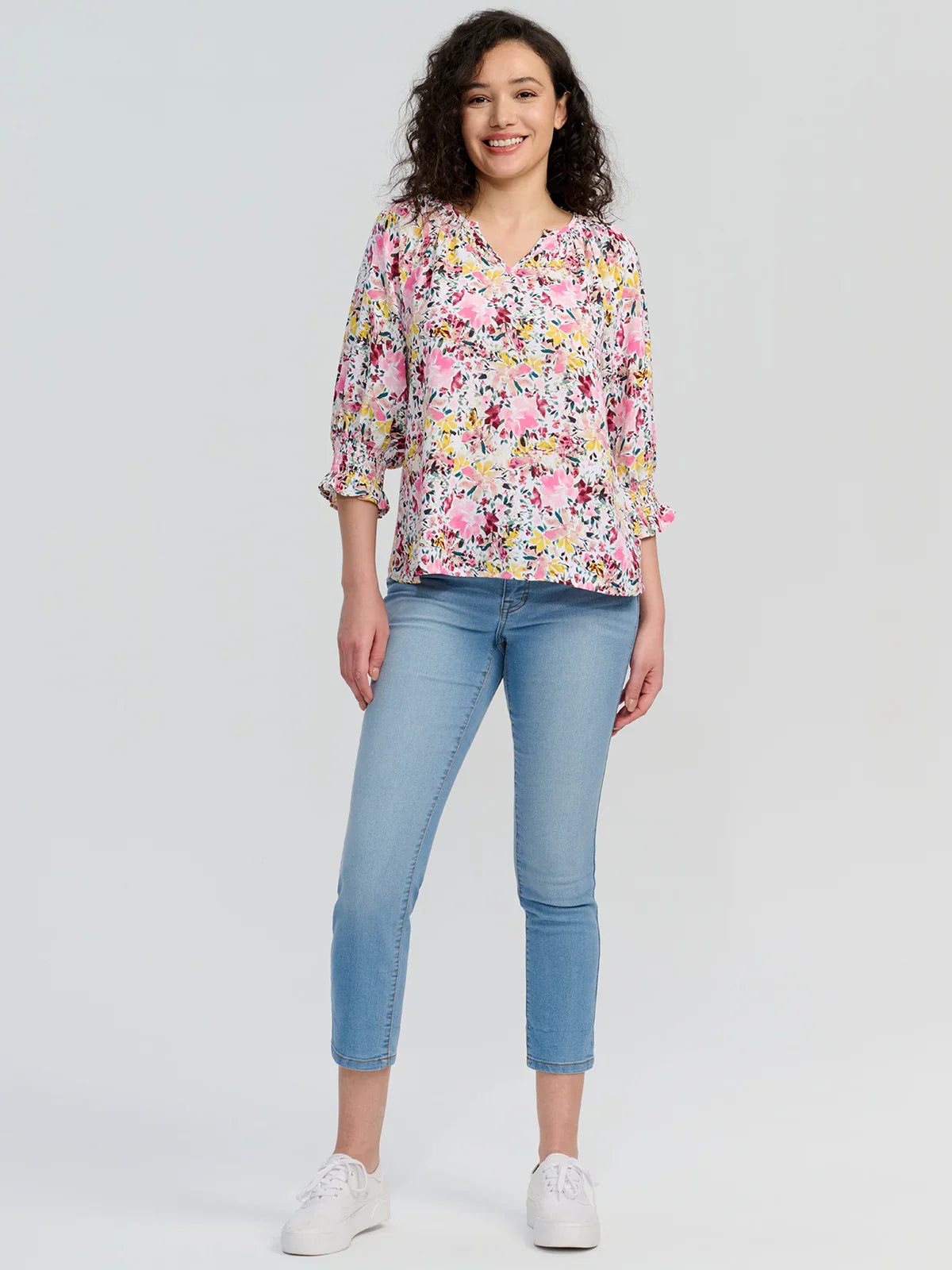 Print Smocked Cuff Blouse