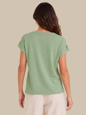 A woman viewed from the back wearing a light sage green short-sleeve top and cream pants, set against a solid beige background.