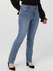 Person wearing light blue jeans on a white background