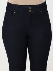 Navy jeans with gold buttons on a white background