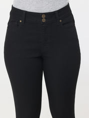 Black jeans with gold buttons on a white background
