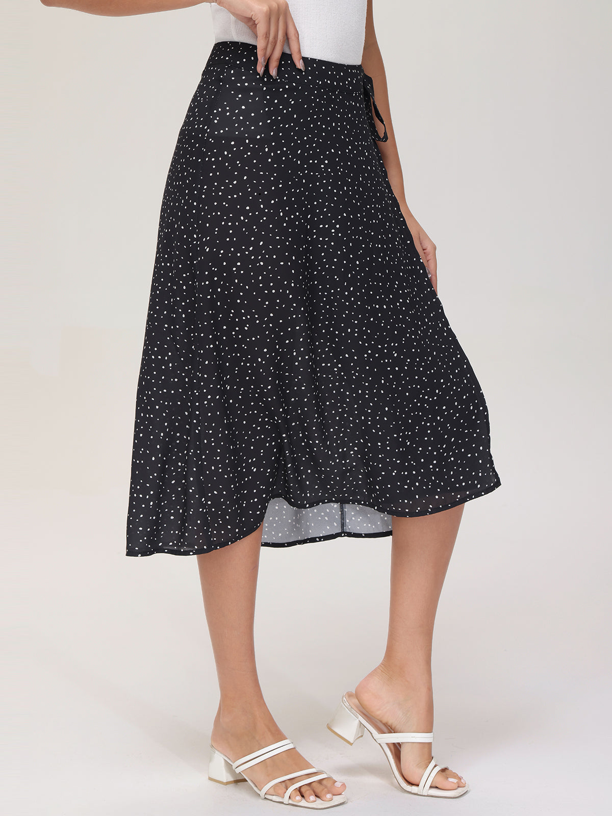 Mini Polka Dot Faux Wrap Midi Skirt