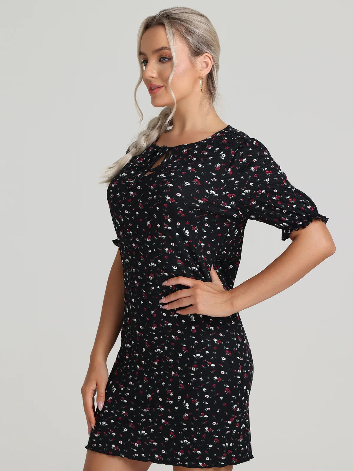 Floral Tie Neck Puff Sleeve Dress