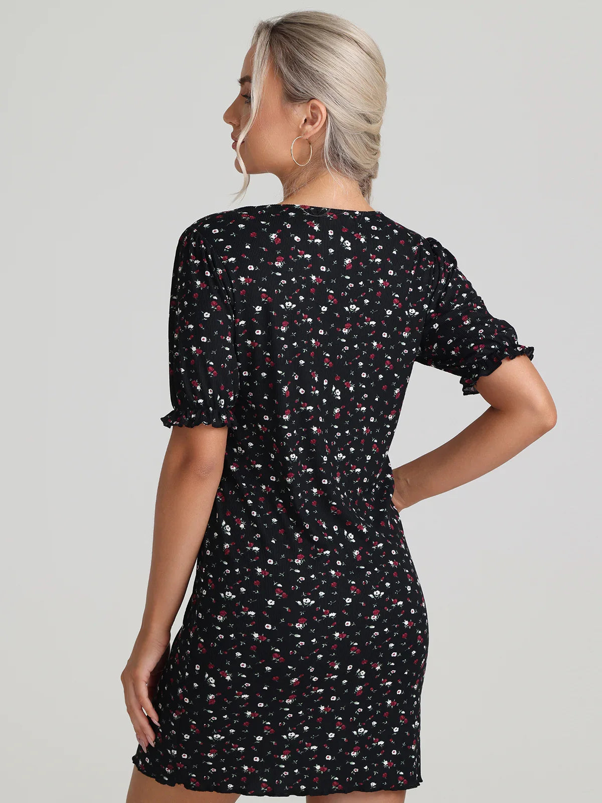 Floral Tie Neck Puff Sleeve Dress
