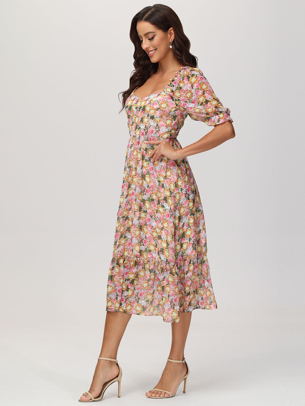 Floral Puff-Sleeve Midi Dress
