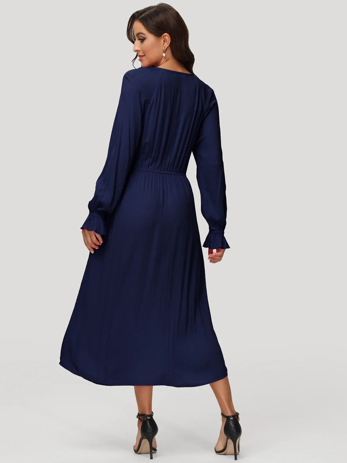 Tie Neck Ruffle Cuff Midi Dress