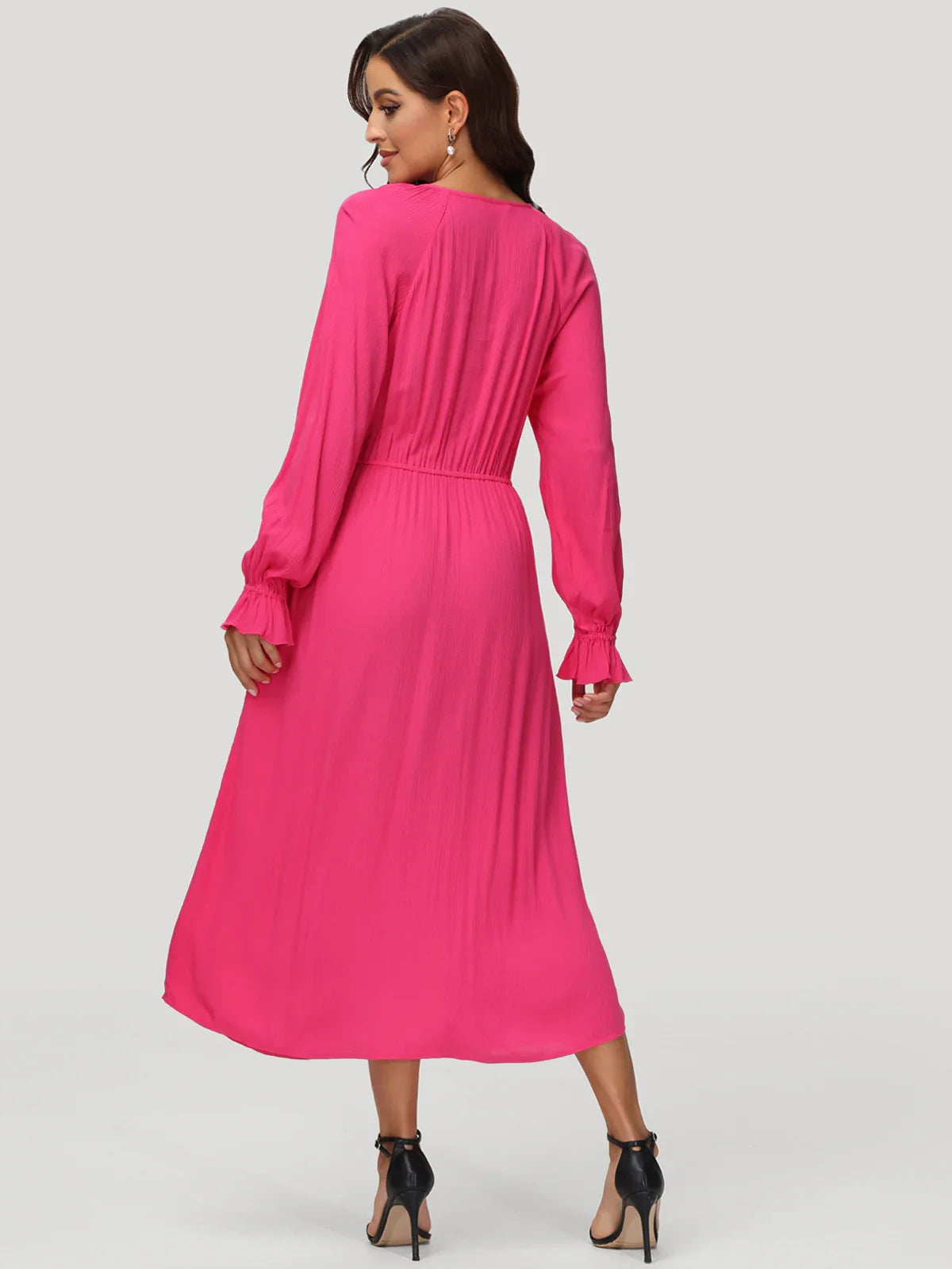 Tie Neck Ruffle Cuff Midi Dress