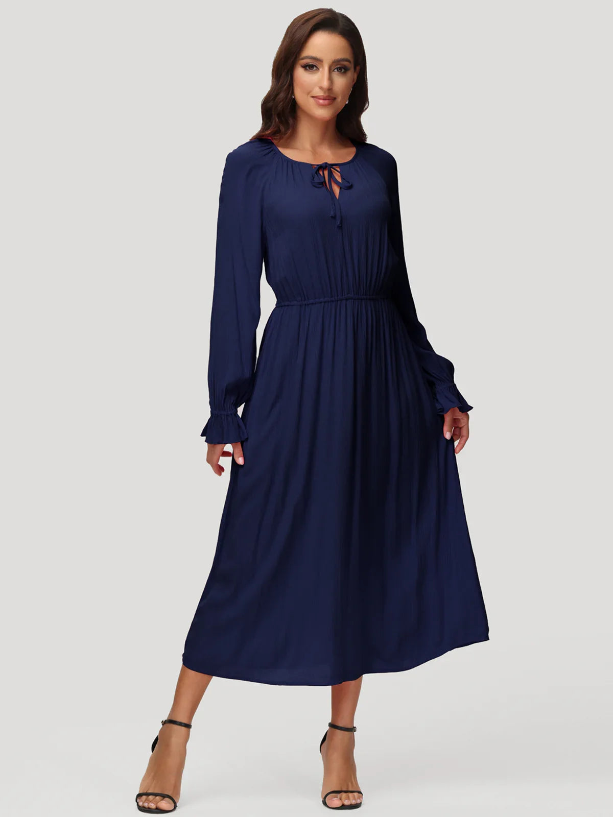 Tie Neck Ruffle Cuff Midi Dress