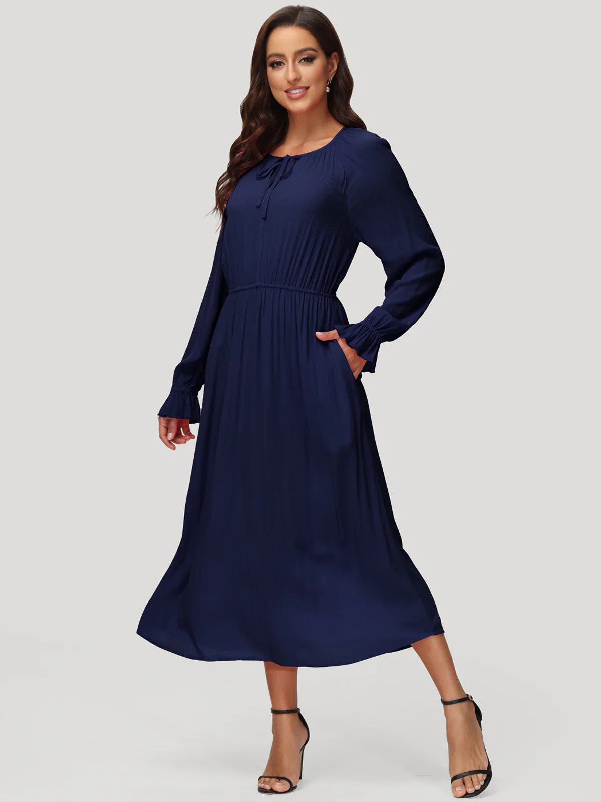 Tie Neck Ruffle Cuff Midi Dress