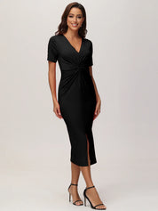 V-Neck Twist Front Midi Dress