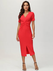Woman wearing a red dress on a white background