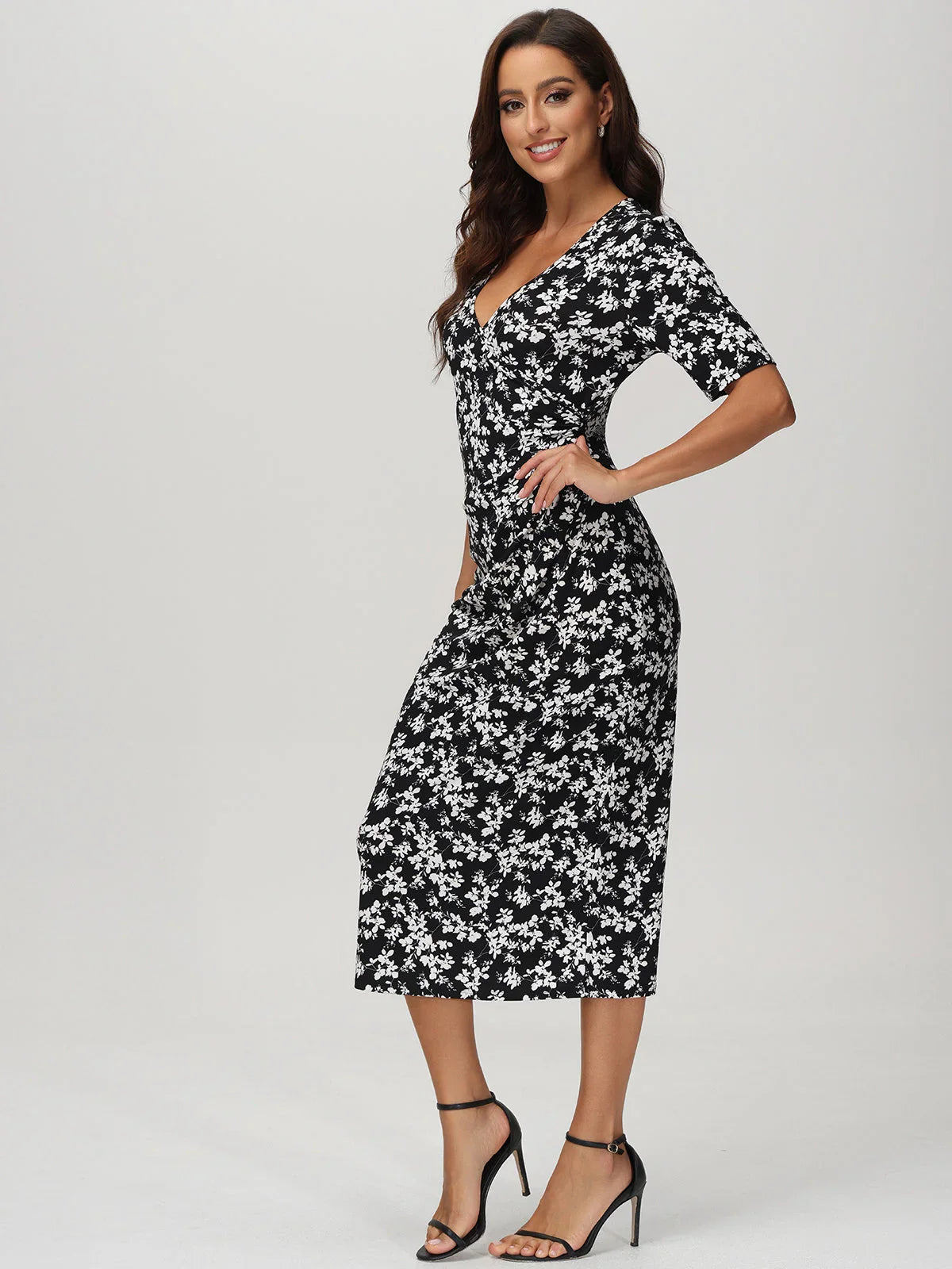 V-Neck Floral Print Midi Dress