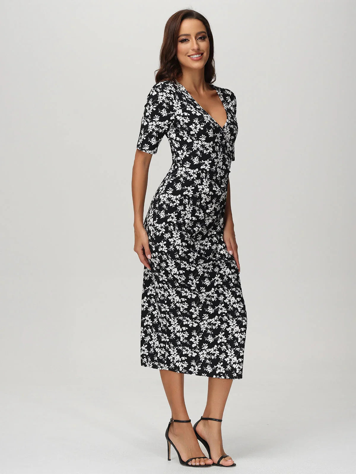 V-Neck Floral Print Midi Dress