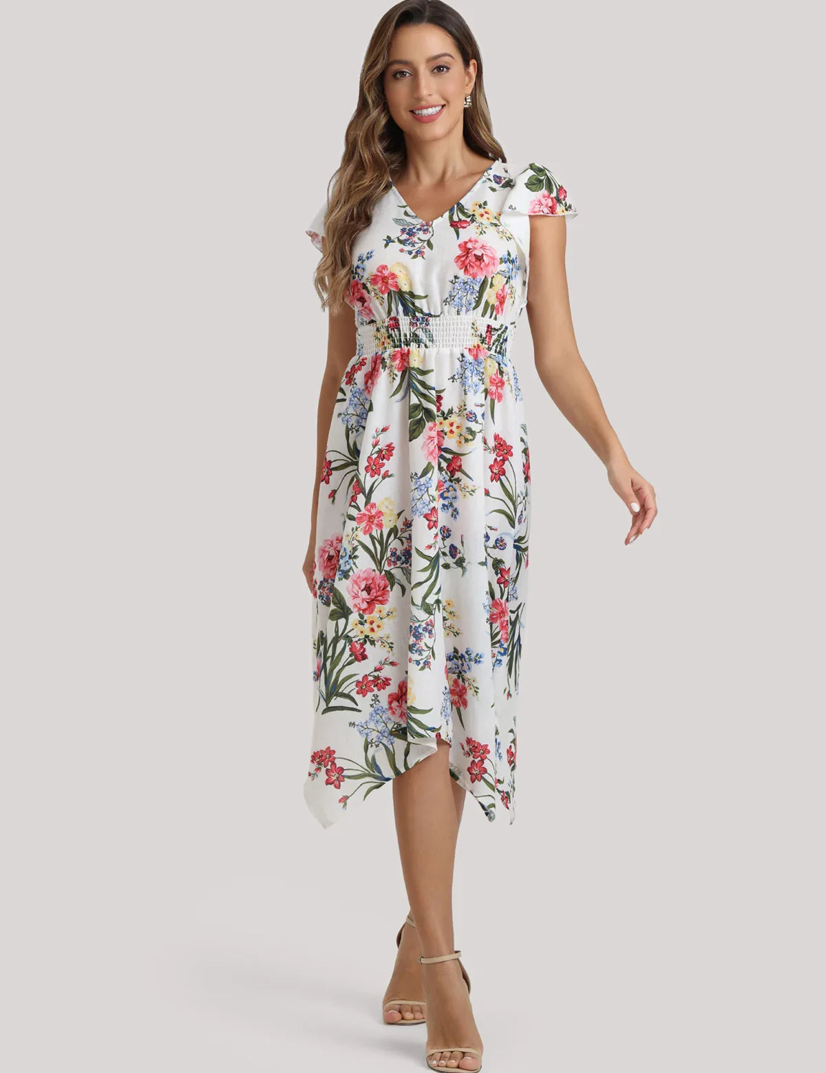 V-Neck Floral Print Midi Dress