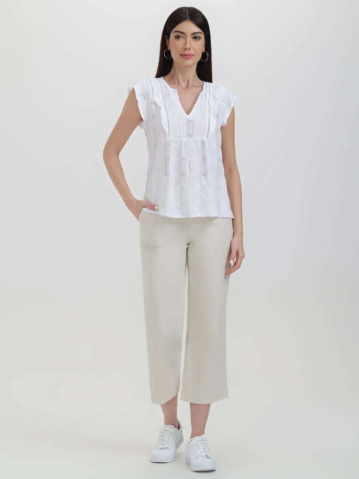 Pointelle Flutter Sleeve Top