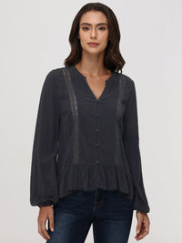 Lace Inset Button-Up Blouse