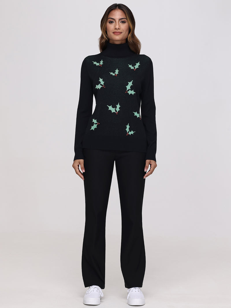 Holly Leaves Turtleneck Sweater