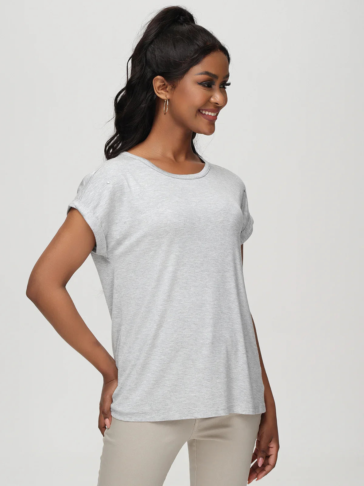 Crewneck Roll Cuff Short Sleeve Top